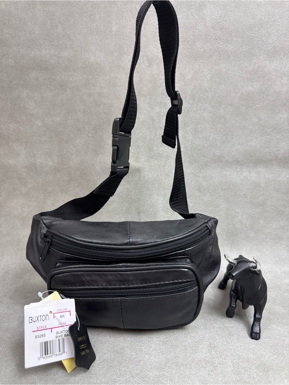 Buxton Black Leather Belt Bag with Front Zip Pockets
